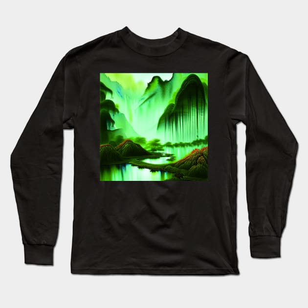 Digital Painting Scene Of a Greenery Outside And Beautiful Landscape, Amazing Nature Long Sleeve T-Shirt by Promen Art